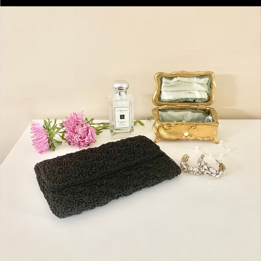 Vintage Black Microbeaded Clutch Evening Bag Party Purse Black